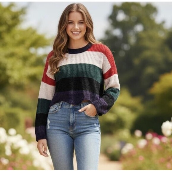 LUV LANE Sweater Womens Medium Multicolor Striped Cropped Chunky Knit Crewneck - Picture 12 of 12